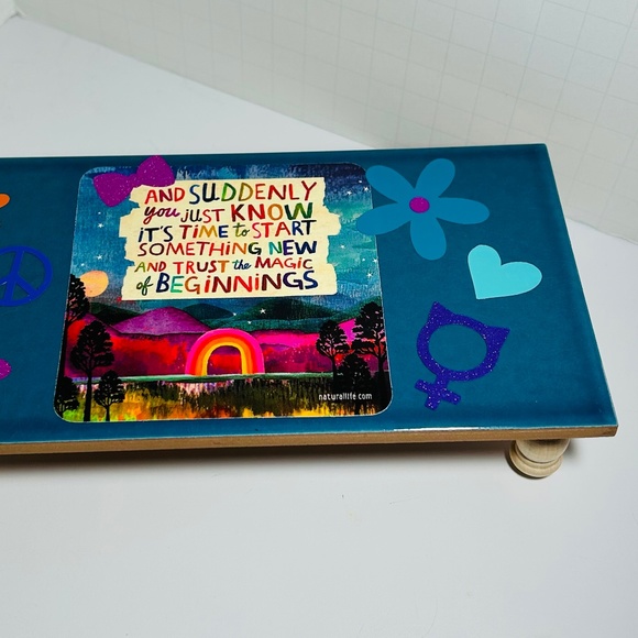 Marine Blue Crackled Glossy Ceramic Riser w/ Sticker Graffiti Art - Picture 2 of 5